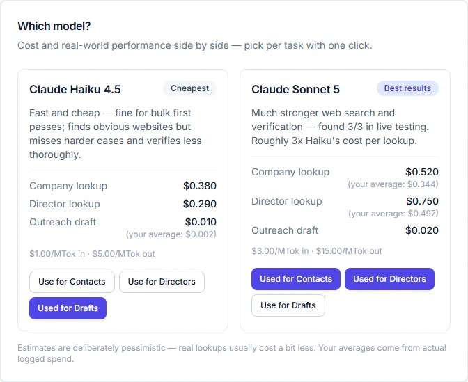 Model chooser showing per-task AI costs side by side