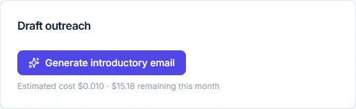 Draft outreach card: generate an introductory email, with its estimated cost shown before running