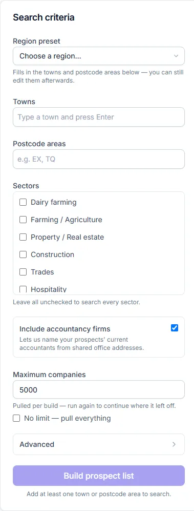 Screener search criteria: region presets, towns, postcode areas and sectors