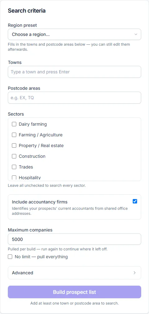 Screener search criteria card with region preset, towns, postcode areas, sectors and build button