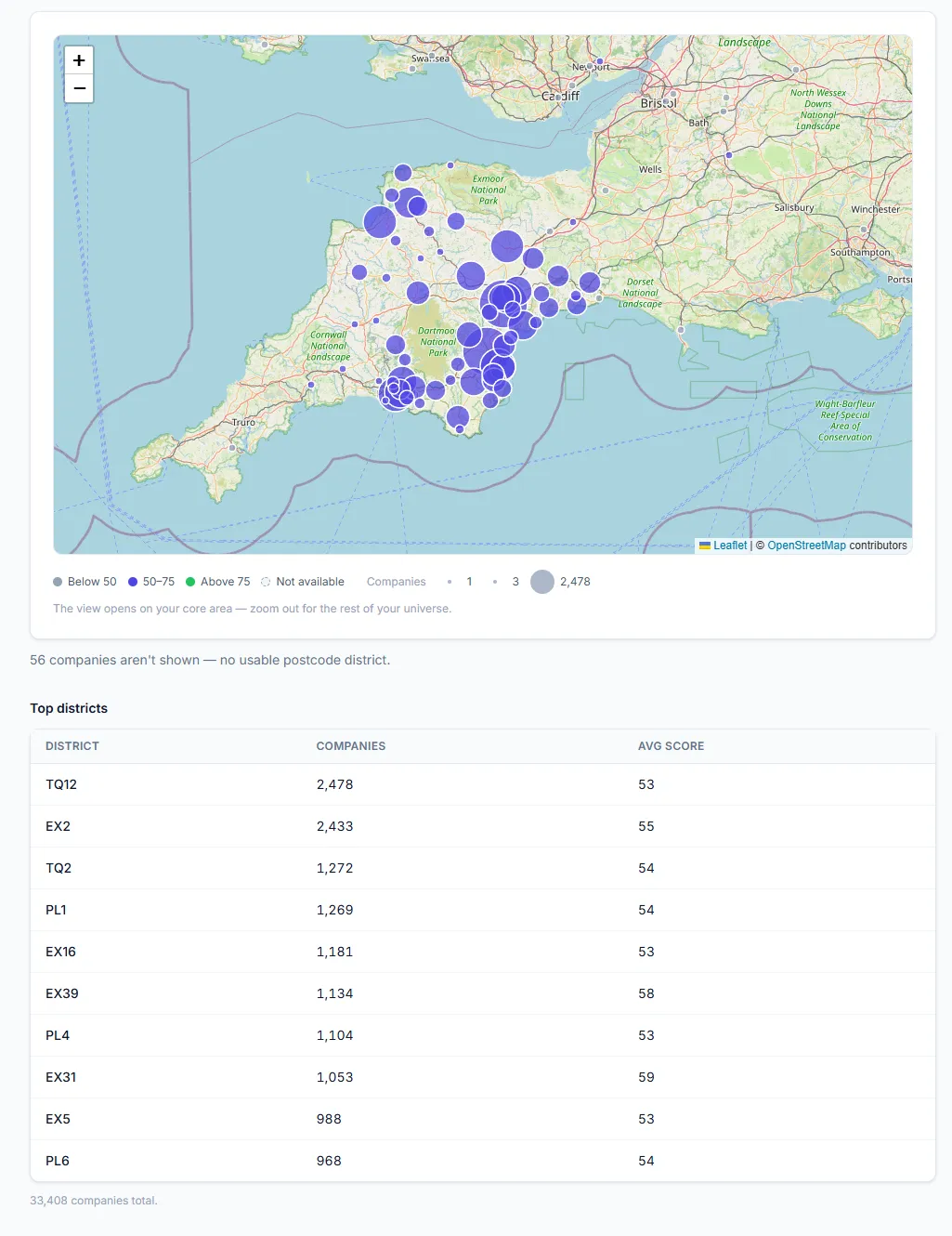Territory map of a prospect universe by postcode district, bubbles sized by company count and coloured by average score